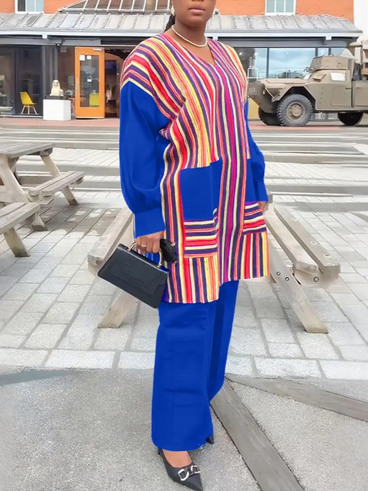 VONDA Women Sets Striped Long Sleeve Tops and Wide Leg Pants 2pcs 2025 Fashion Printing Vintage 2 Piece Outfits Plus Size 5XL