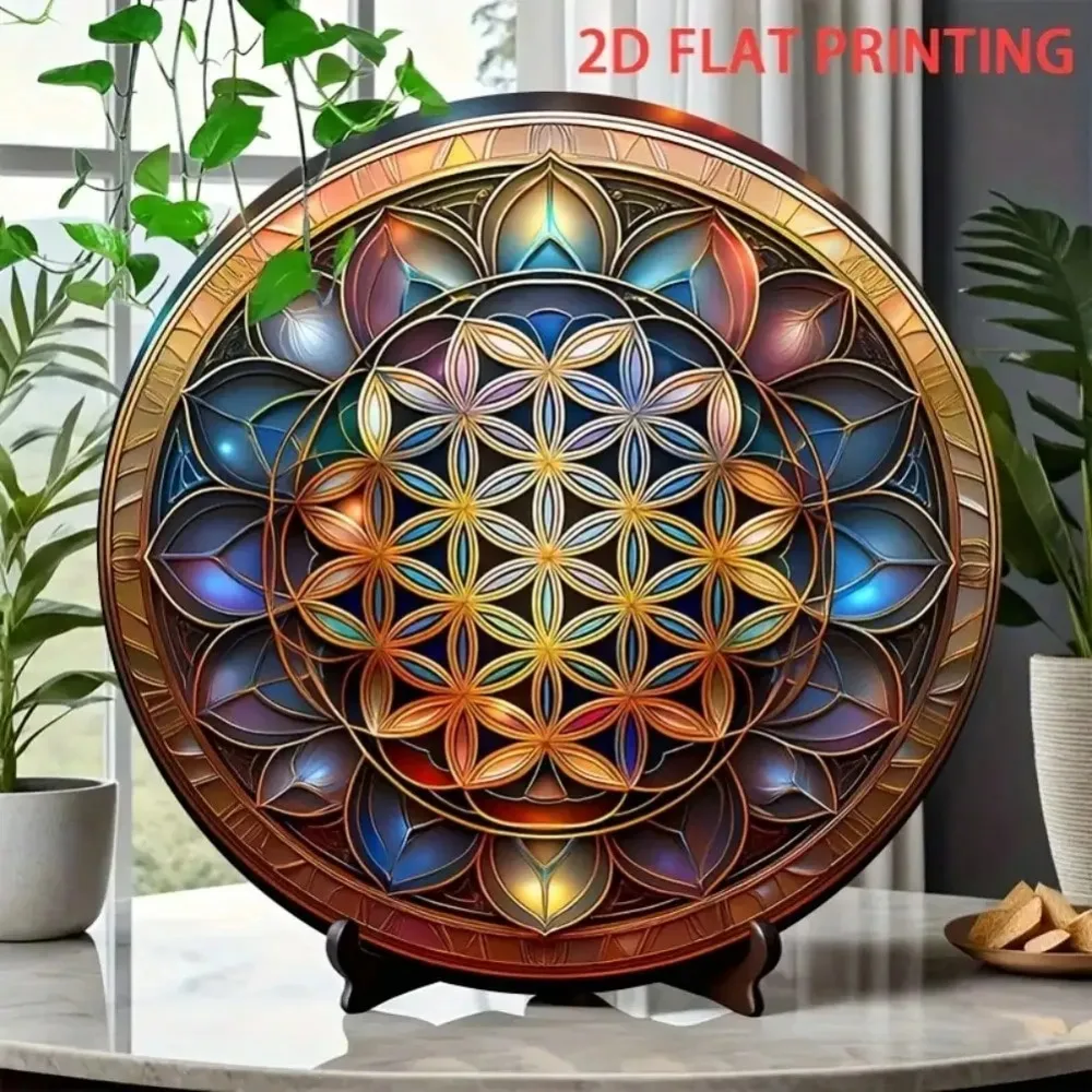2D Flat Wooden Flower of Life Wall Art, Colorful Sacred Geometry Mandala Sign, Boho Chic Spiritual Decor, Rustic Yin Yang Wall H