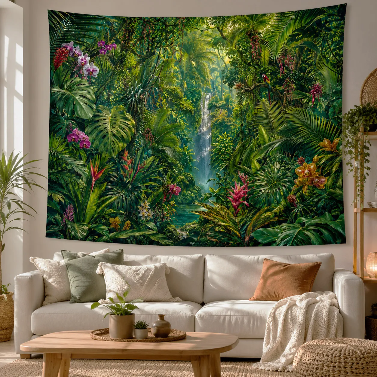 Tropical Rainforest Wall Tapestry Green Leaves Waterfall Landscape Hanging Blanket Aesthetic Room Decor Fabric Tapestries