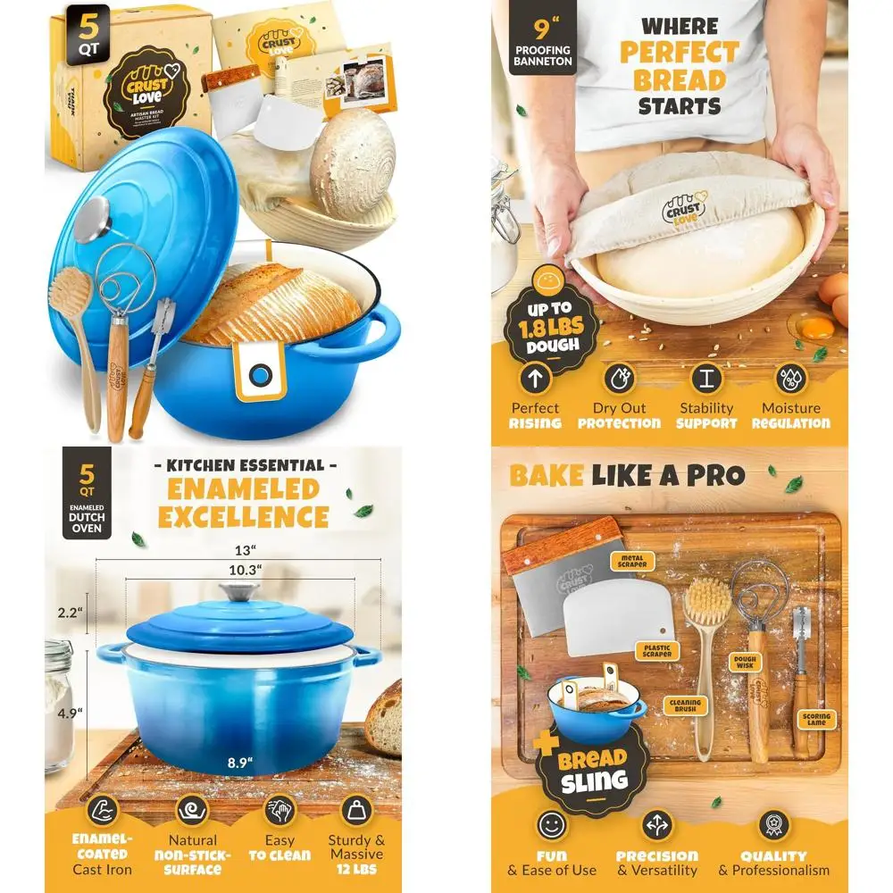 

Enameled Cast Iron Dutch Oven - 5QT Bread Baking Kit with Banneton for Sourdough Starter