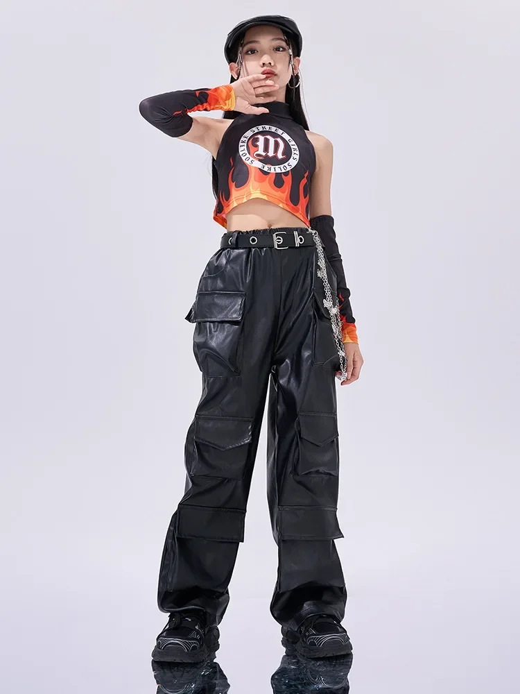 

Детская одежда в стиле хип-хоп, топы без рукавов, черные кожаные штаны для девочек, танцевальный костюм, одежда