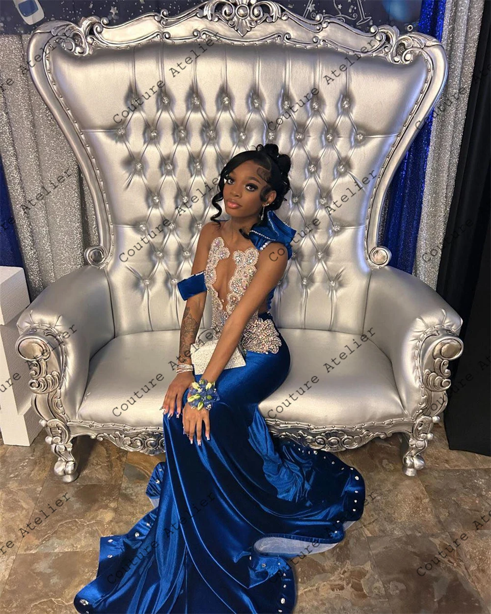 Sexy Royal Blue See Thru Prom Dresses 2024 For Blackgirls Mermaid Dress Party Evening Elegant Celebrity Rainbow Customized