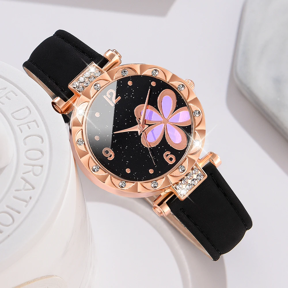 Simple Luxury Flower Element Leather Black Strap Watch Casual Fashion Quartz Watch Is The Perfect Gift For Her (No Box)