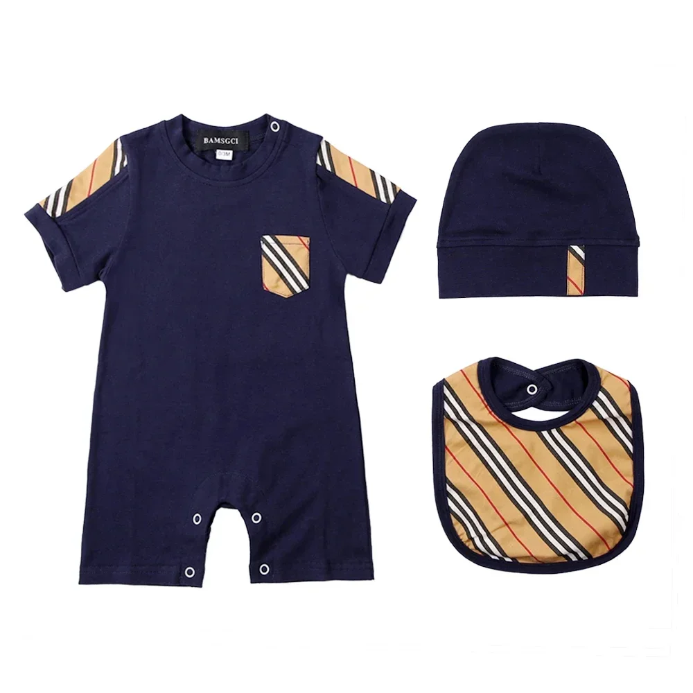 New summer fashion 3 pcs newborn baby boys girls rompers Bibs hats sets Plaid stripes cotton Short sleeve new born baby clothes