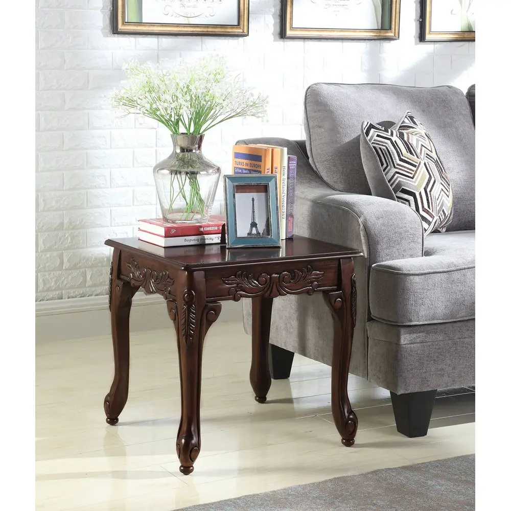 

Traditional Ornate Detailing Wood End Table, Dark Cherry