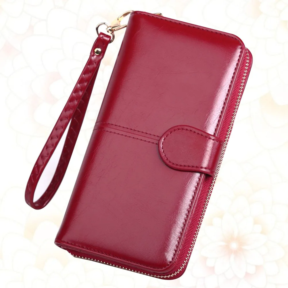 

PU Long Wallet Oil Wax Snap Closure Zipper Purse Portable Pack Wine Long Wallet Wrist Strap Zipped Purse