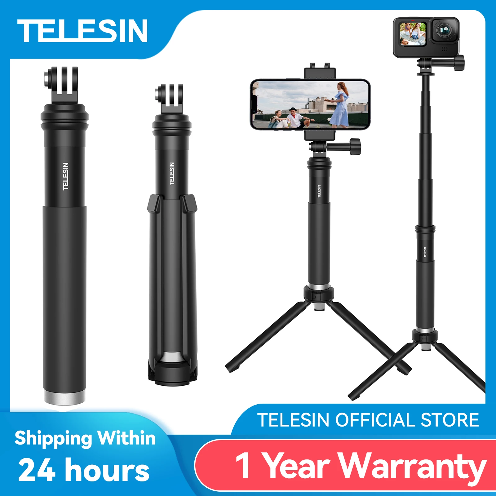 TELESIN For GoPro Selfie Stick Foldable Tripod Phone Holder Aluminum Alloy Monopod for DJI Action Insta360 Smartphone