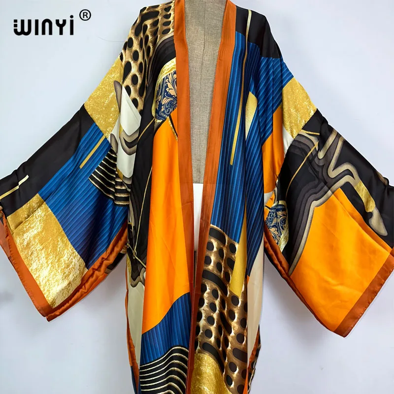 WINYI kimono Africa estate Retro stampa Bikini Cover-up elegante Cardigan moda sexy vacanza manica lunga sensazione di seta maxi vestito