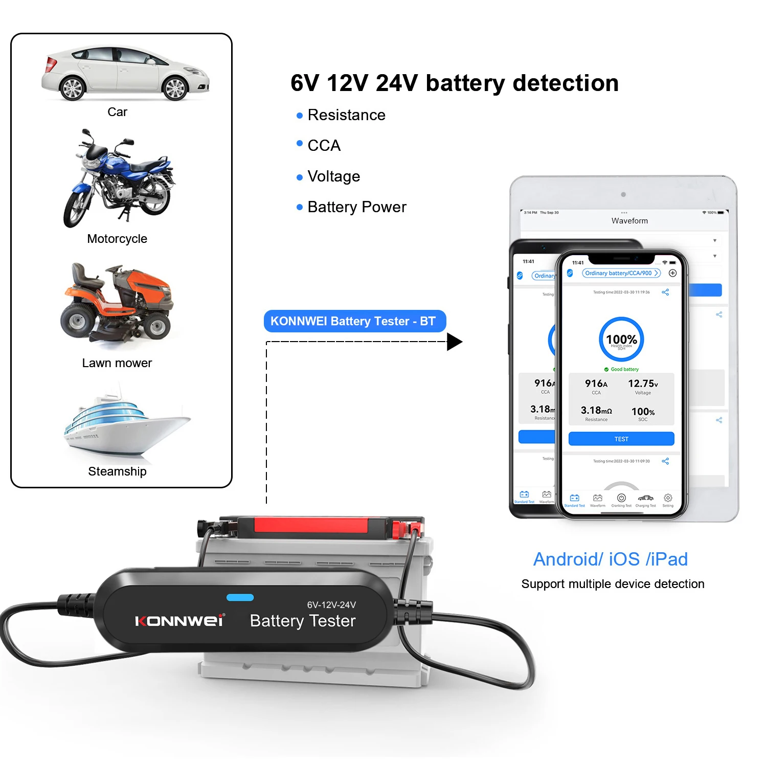 KONNWEI BK200 6V 12V 24V Bluetooth 5.0 Samochód Motocykl Ciężarówka Tester akumulatora Analizator 2000CCA Narzędzie do testowania rozruchu ładowania