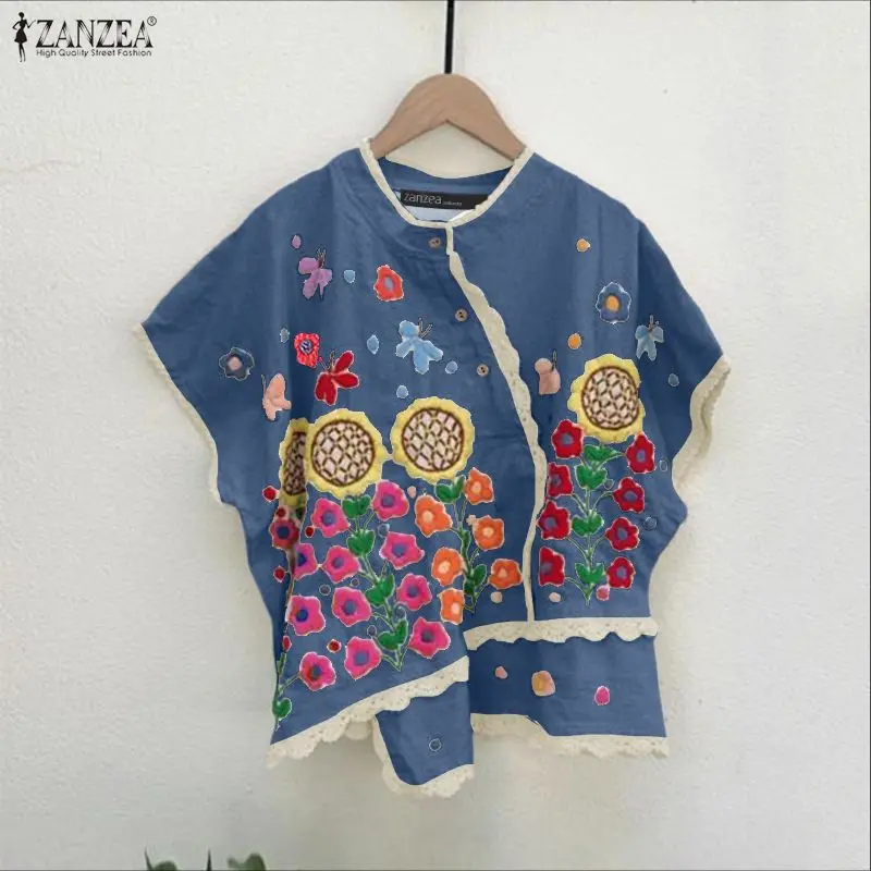 Damskie bluzki w kwiatowe wzory z koronkowym wykończeniem, asymetrycznym dołem i patchworkiem, codzienne bluzki damskie, kolekcja wiosna-lato 2026, odzież damska, rozmiary S-3XL