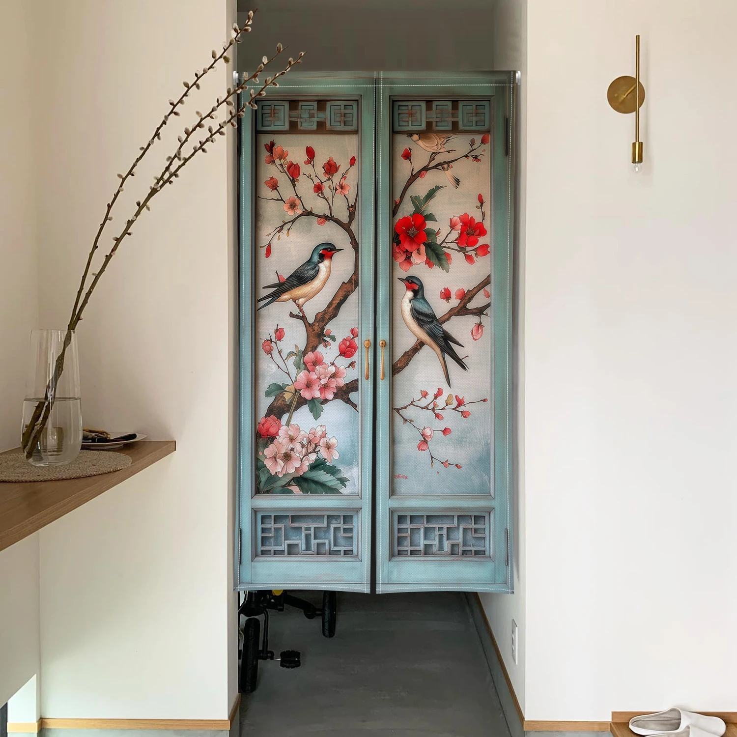 Chinese Retro Noren Door Curtains Bird Flower Linen Doorway Curtains Entryway Partition Screens Restaurant Kitchen Half Curtains