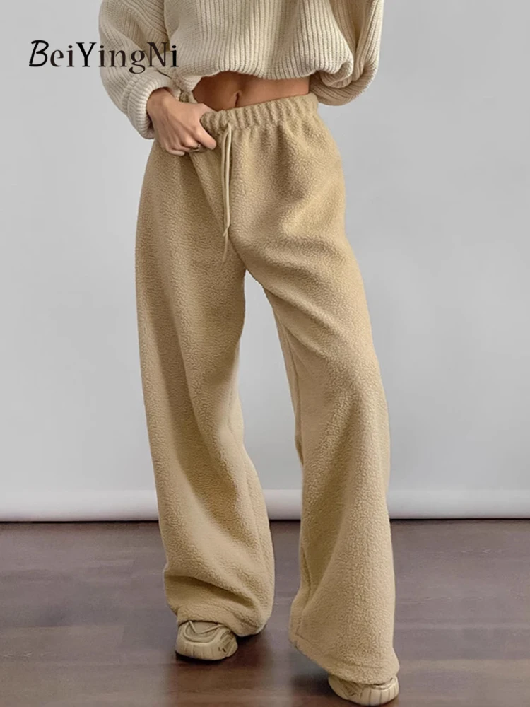 

Beiyingni осень-зима флисовые широкие брюки женские предупреждающие толстые повседневные женские брюки цвета хаки на шнурке 2025 модные мешковатые брюки