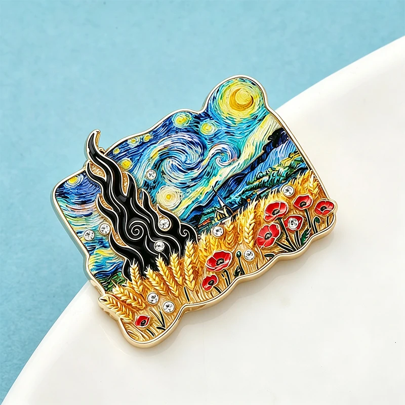 Famous Picture Brooches The Harvest And Wheat Field with Cypresses Photo Party Brooch Pins For Women Unisex Pins Gifts view 3