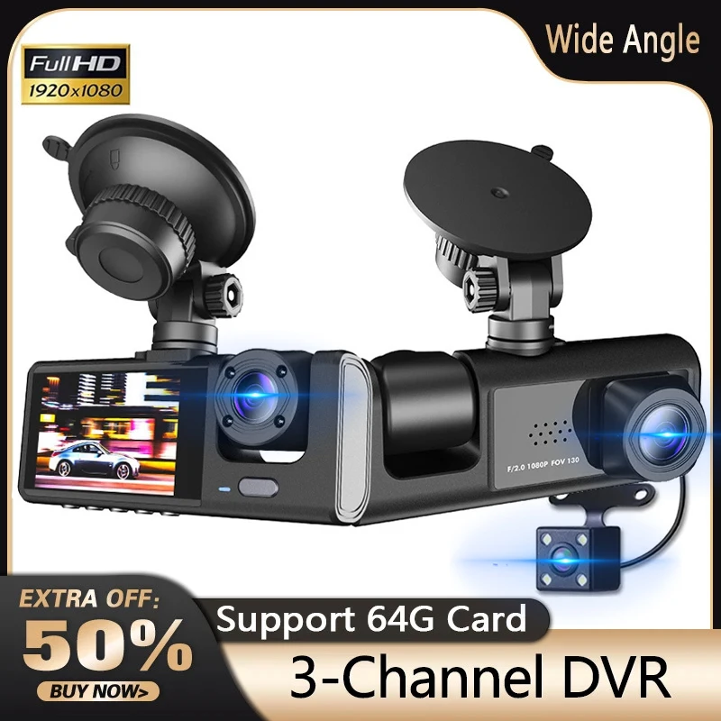 Car DVR 3-Channels Dash Cam FHD 1080P Camera Dual Lens Dashcam Video Recorder 24H Parking Monitor Auto Registrator Camcorder