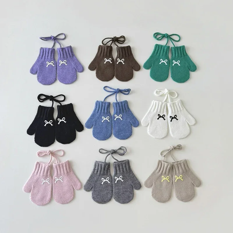 

Sweet Bow Kids Girl Knitted Gloves Solid Color Woolen Hanging Neck Mittens Winter Warm Children Glove 3-6Year Baby Hand Cover