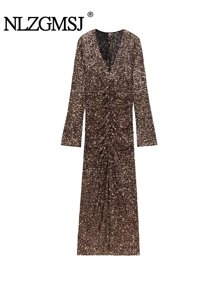 NLZGMSJ 2026 春 スパンコール セクシー パーティー ロングドレス レディース Vネック 長袖 スリム プリーツ ハイ スリット ドレス レディース イブニングドレス