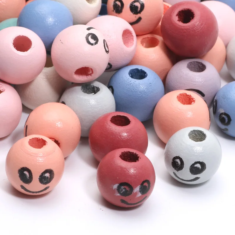 14mm 30Pcs Smiling Face Pattern Mixed Color Circular Bead Wooden Bead For Handmade Jewelry Making Bracelets Necklaces Accessorie