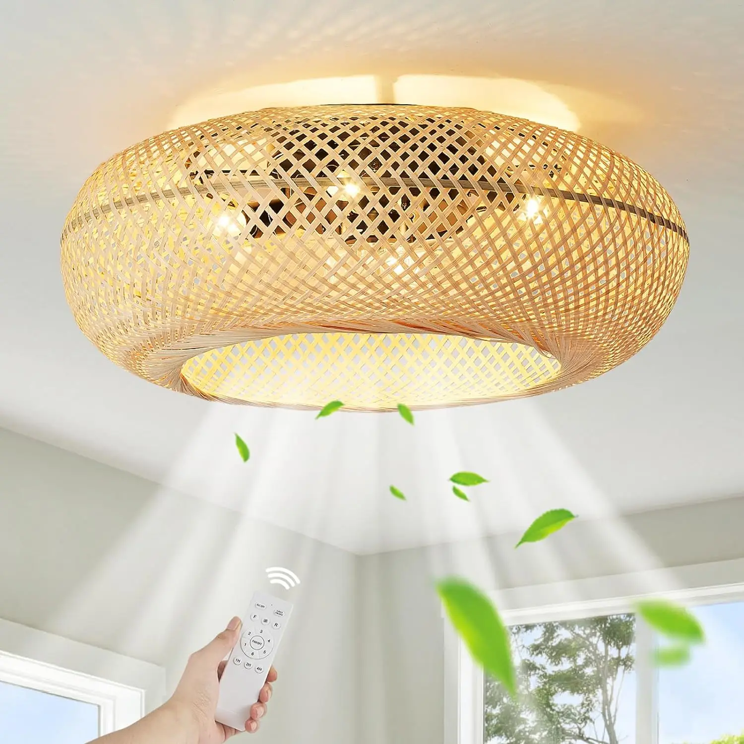 ventilador techoUSA In Stock E27 22 Inch 7 ABS Blade Ceiling Fan Noiseless Ceiling Fan Wicker Lampshade With Lights And Remote C