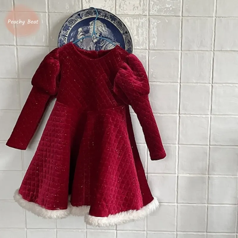 

Baby Girl Princess Xmas Red Cotton Padded Long Dress Infant Toddler Child Winter Vintage Puffy Sleeve Thick Baby Clothes 18M-12Y