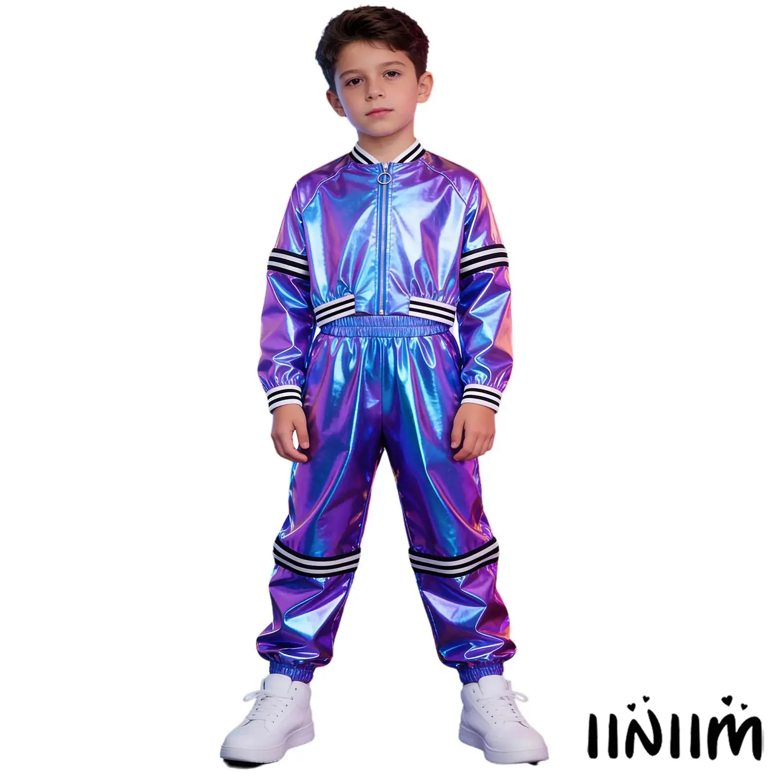 

Kids Unisex Hip Hop Raves Dance Clothing Turn-Down Collar Zip-Off Stripes Long Sleeves Jacket with Pants for Jazz Disco Dance