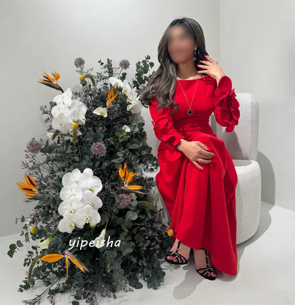 Robe de cocktail plissée à fleurs en satin, robes à manches longues, ligne A, col rond, occasion sur mesure