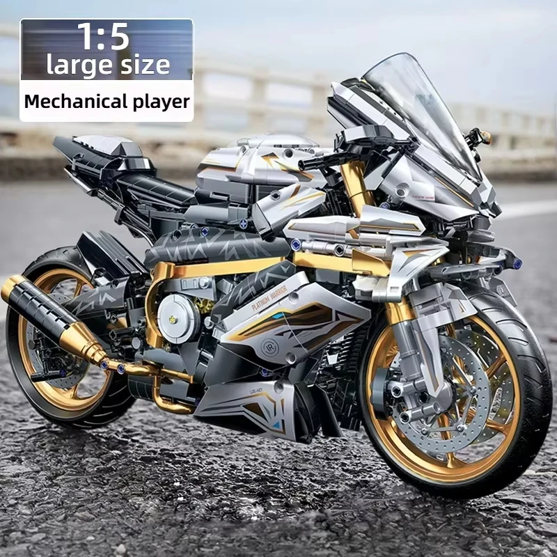 

Large scale 1:5 mechanical motorcycle building blocks, precision simulation exhaust pipe system assembly toys, adult collection