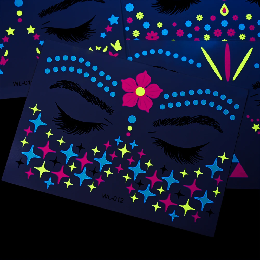 15X15CM Halloween Fluorescent Waterproof Face Tattoo Sticke Masquerade Neon Star/Butterfly/Flowers Decal 3D Glowing Face Tattoos