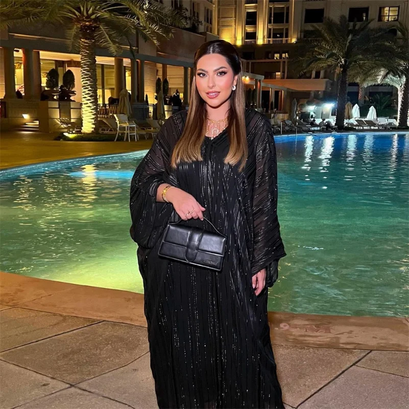 Abaya untuk wanita Muslim baru Kaftan Dubai kain mewah mengkilap lengan Batwing gaun malam sederhana 2 potong Set Abaya