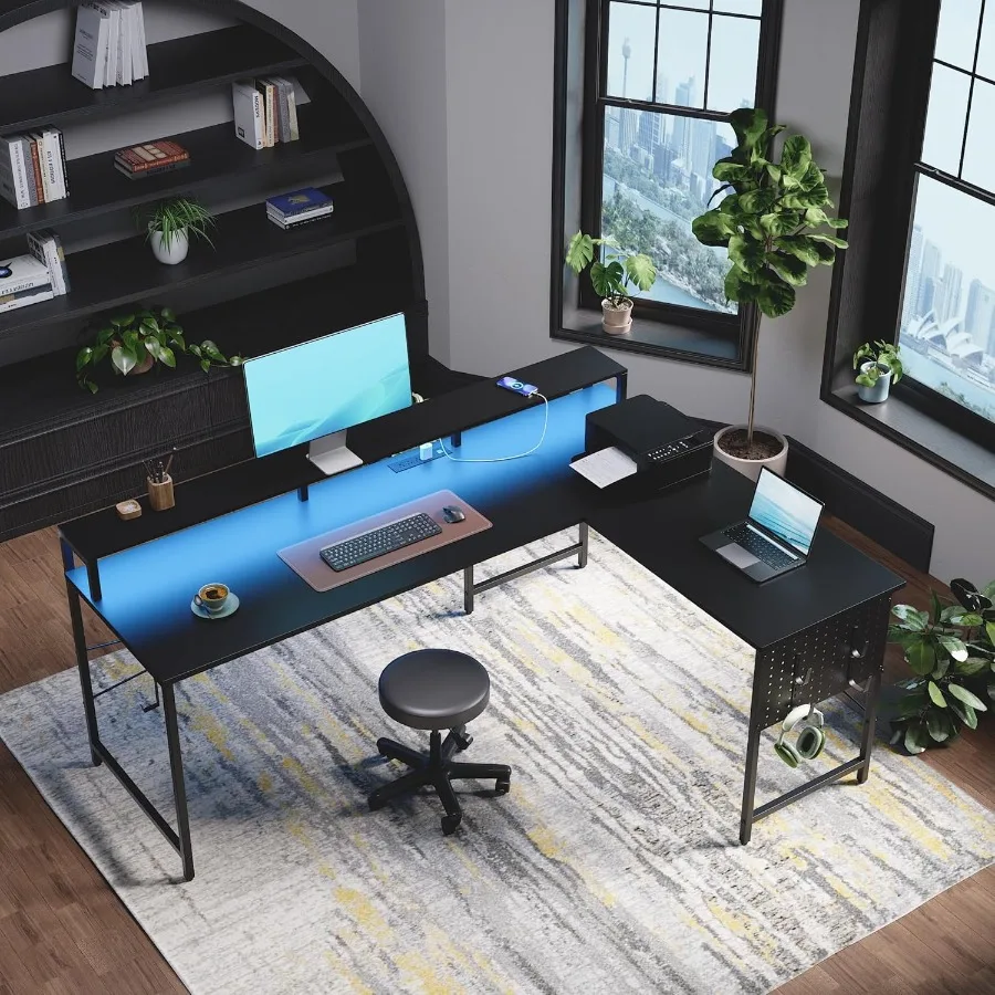 64 Inch L Shaped Gaming Desk with Builtin Power Outlets and RGB LED Lights Large Corner Computer Desk with Monitor Stand and Ad