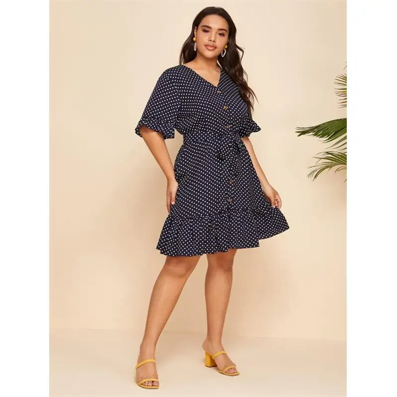 

Fashionable Polka Dot Print plus Size Dress with Belt Short Sleeve Women's Street Style A-Line Skirt V-Neck City Walk Dress