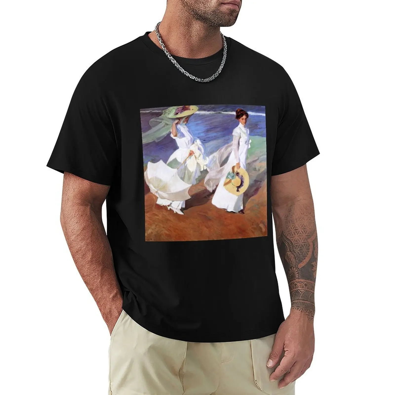 

Joaquin Sorolla Women Walking on the Beach Impressionist Painting T-Shirt vintage custom t-shirts Short sleeve tee men
