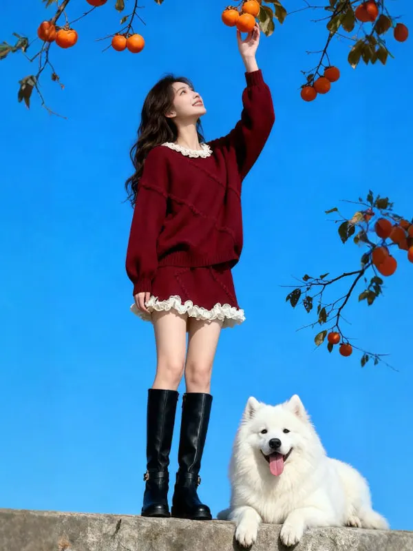 

Красный комплект из свитера и юбки: элегантный и уютный зимний вязаный наряд для женщин, комфортный и теплый.