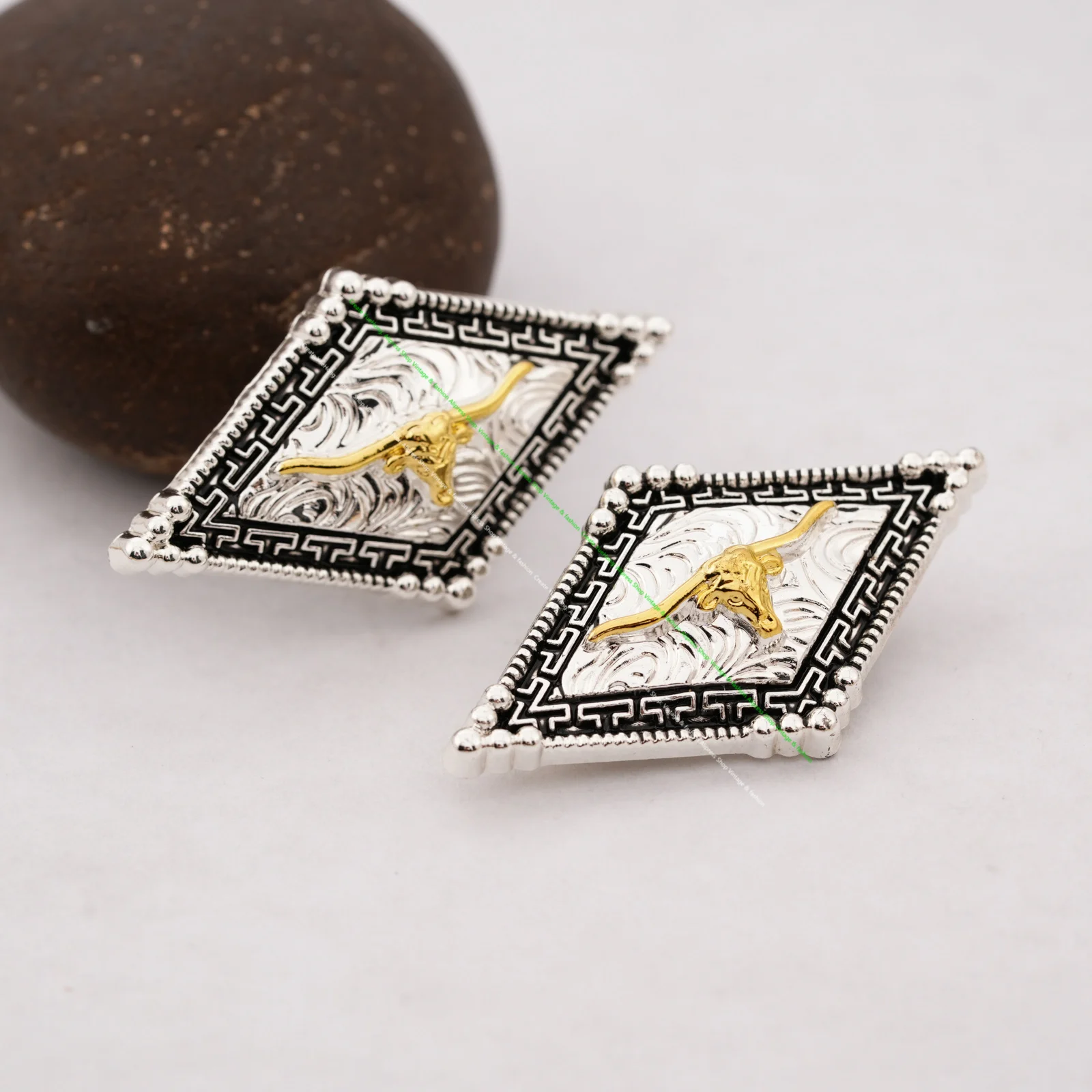 5PCS 54*31mm Western Gold Silver Longhorn Bull Saddles Rhombus Decor BELT LEATHERCRAFT CONCHOS LOT