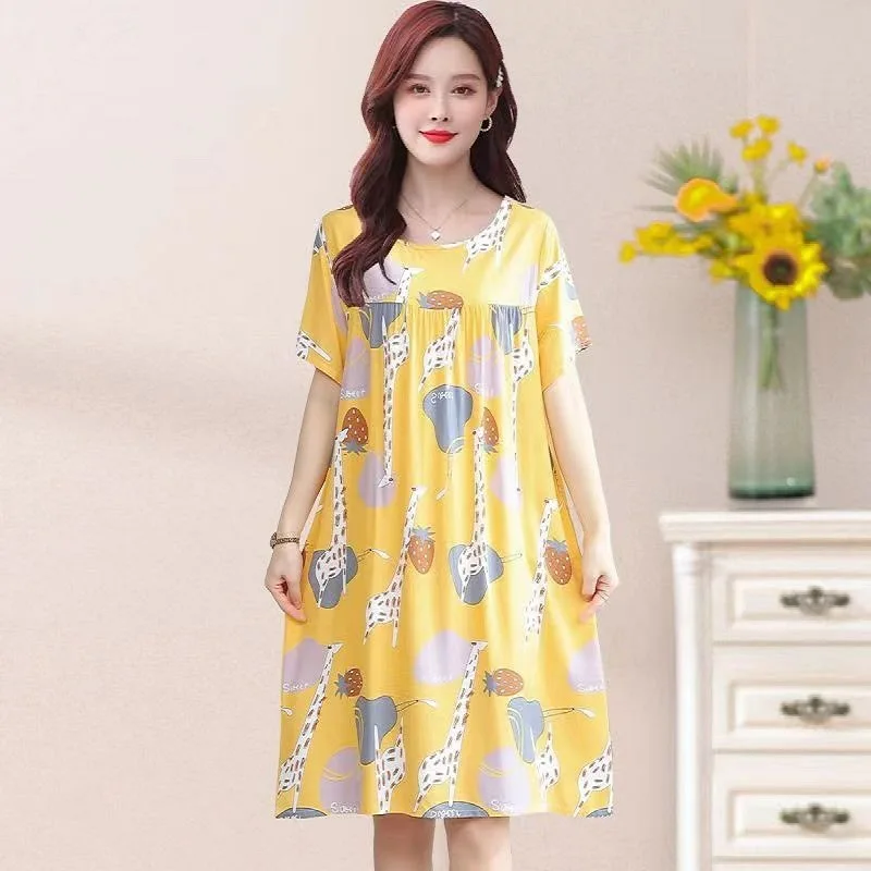 Middle-Aged and Elderly New Cotton Silk Nightgown Homewear Women\'s Summer Pajamas Dress Large Size Pajamas Homewear Mom Clothing