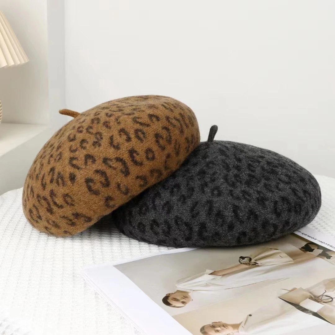 VISROVER New 4 Colors Leopard Winter Beret Female Cap Autumn Winter Wool Hat Top Quality Fashion Boina Gift Wholesales