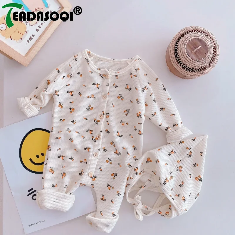 

Autumn Todder Infant Homewear Kids Romper With Gift Hat Newborn Baby Boys Girls Full Sleeve Print Single-breasted Jumpsuits 0-2Y