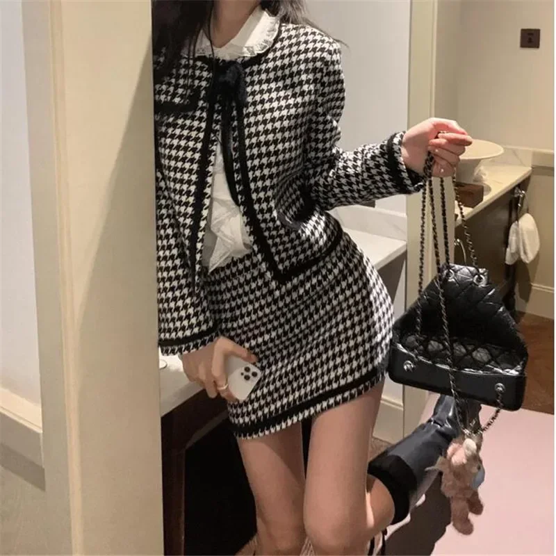 Women Fall Winter Black White Houndstooth 2 Piece Dress Sets Vintage Long Sleeve Bowtie Short Jacket&High Waist Mini Skirt Suits