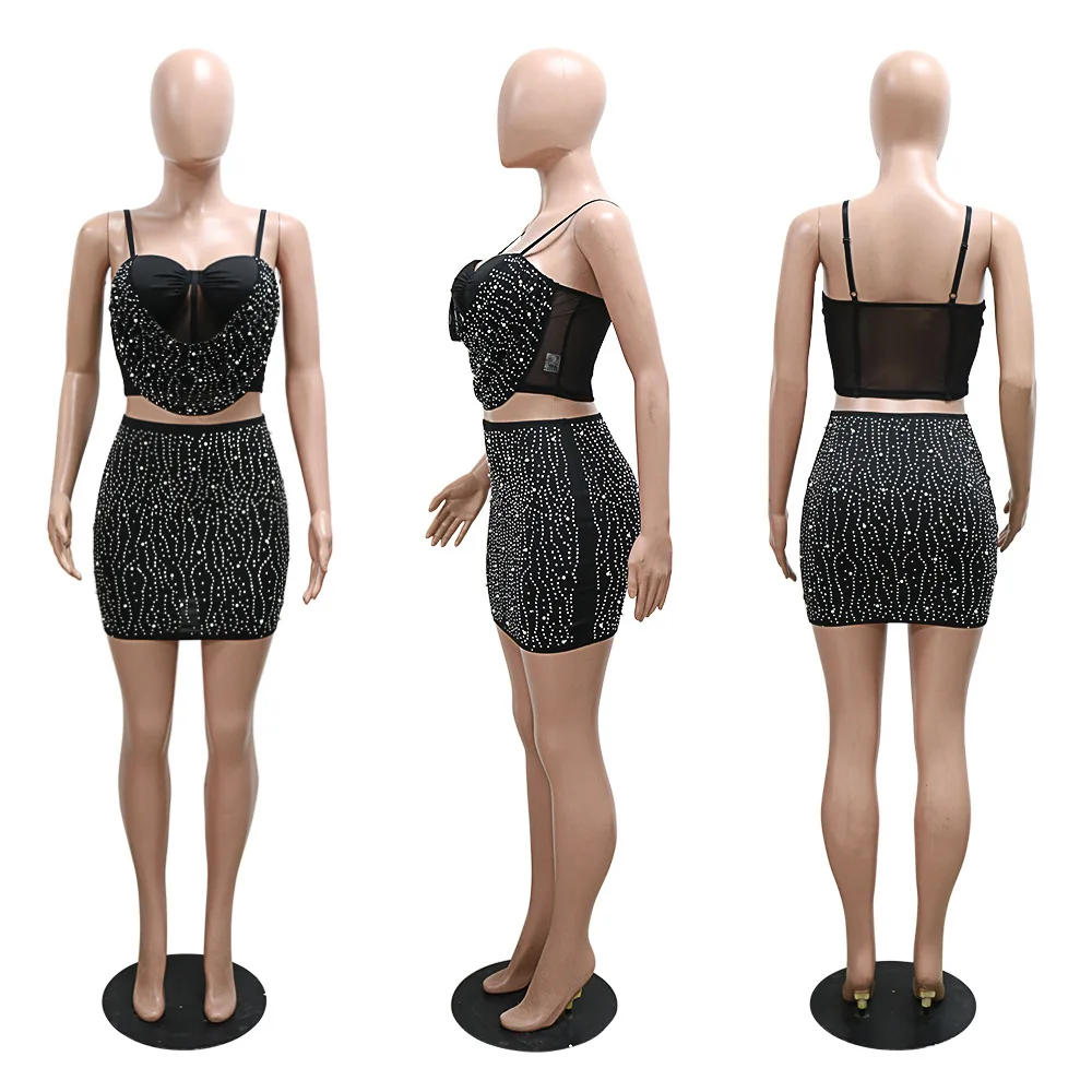 Sexy Rhinestones Pearls Club Two Piece Skirt Set Evening Party Club Women Clothing Cami Crop Top Mini Skirt 2 Pieces Set Outfits