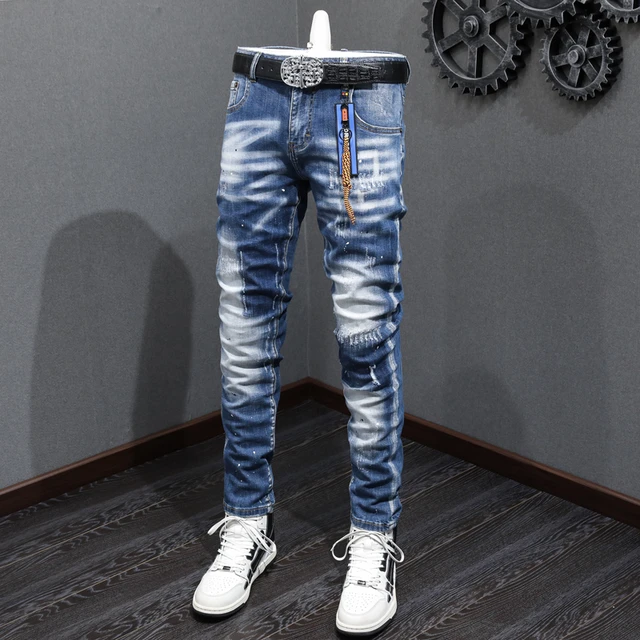 Slim fit shops distressed jeans