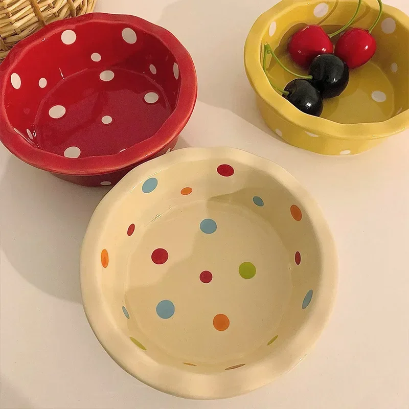 5.5 Inch Lace Polka Dot Bowl Ceramics Fruit Bowl Household Salad Dish Cute Korean Style Dessert Circular Yogurt Baking Tableware