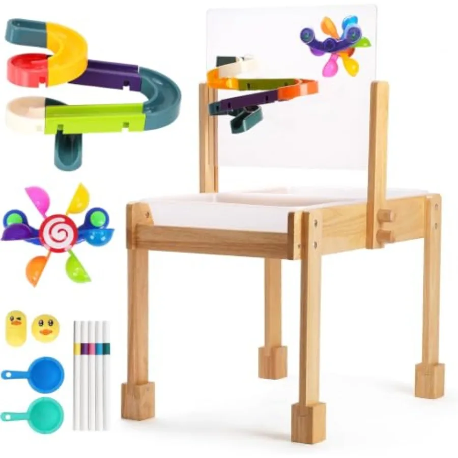 Sand and Water Table for Toddlers: Wooden Sensory Table in Natural Wood Tone with Waterproof Cover, 2 Storage Bins, Acrylic Pai