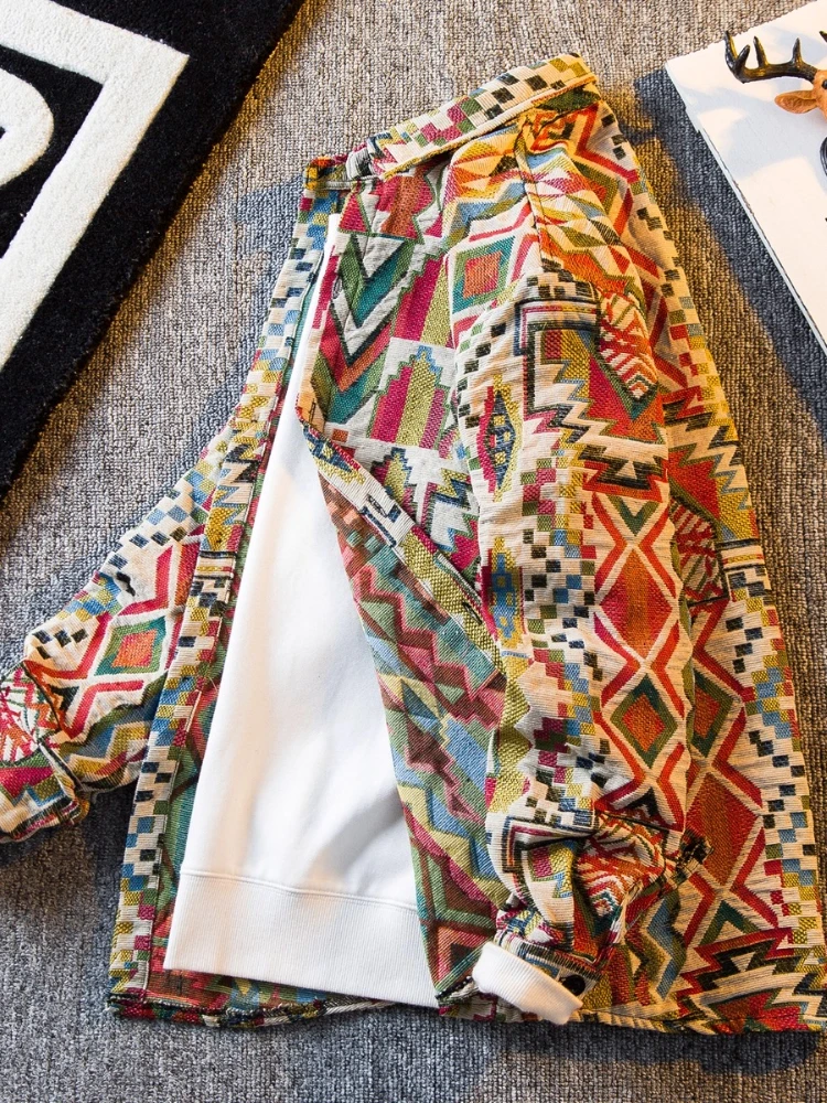 Men Japanese Ethnic Tribal Woven Shirt Retro Boho Artistic Long Sleeve Oversized Chic Casual Lightweight Jacket Outerwear