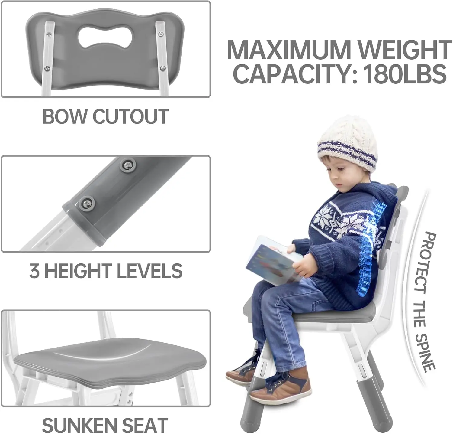 طقم طاولة وكراسي دراسة للأطفال، ارتفاع قابل للتعديل، سطح جرافيتي (رمادي)