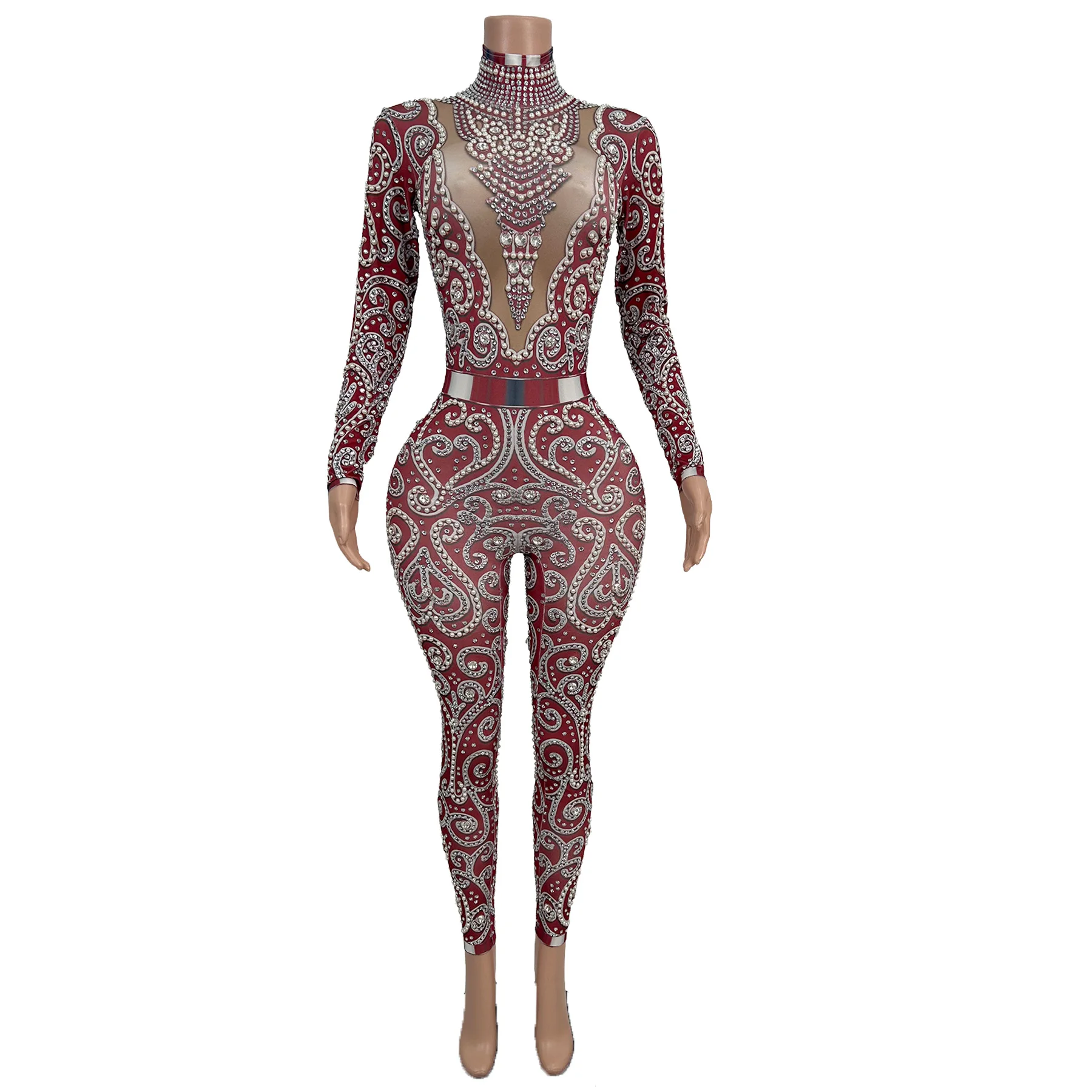 Quanquan Womens Sexy Burgundy Rhinestone Sheer Mesh Jumpsuit Long Sleeve High Neck Bodycon Party Club Stage Performance Outfit