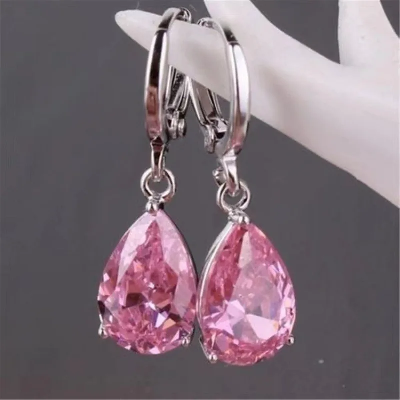Water Drop Zircon Crystal Woman Lever Back Loop Earrings 925 Sterling Silver White Gold Color Jewelry 9 Colors