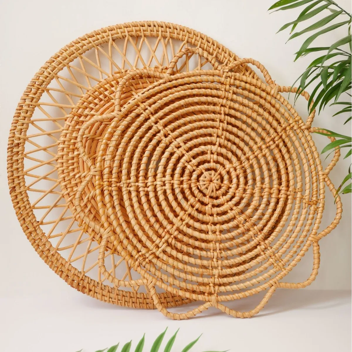 Feito à mão rattan parede pendurado decoração redonda placemat coaster vime natural estilo bohemia decoração rattan tecido parede pendurado #