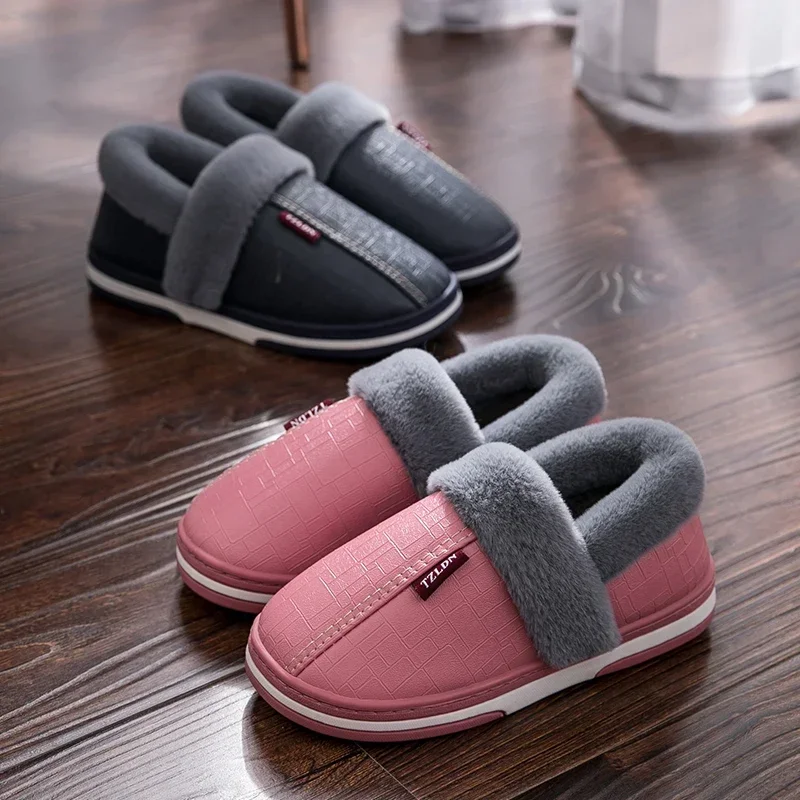 Big Size 50 51 Men Women Slippers Winter Warm Pu Leather Waterproof Slides Home Bedroom Casual Plush Shoes Non Slip Indoor Flats