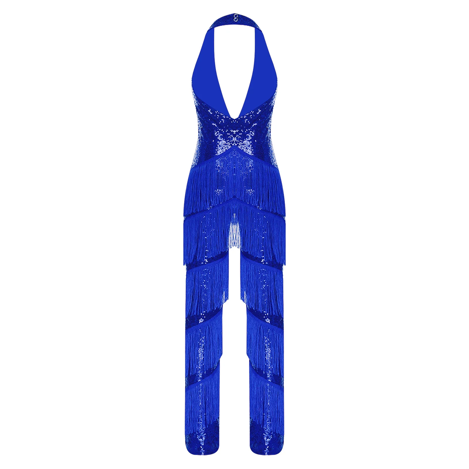 Macacão feminino de lantejoulas brilhantes, macacão de lantejoulas, halter, decote em v profundo, costas nuas, franjas em camadas, borla, body para dança de baile latino