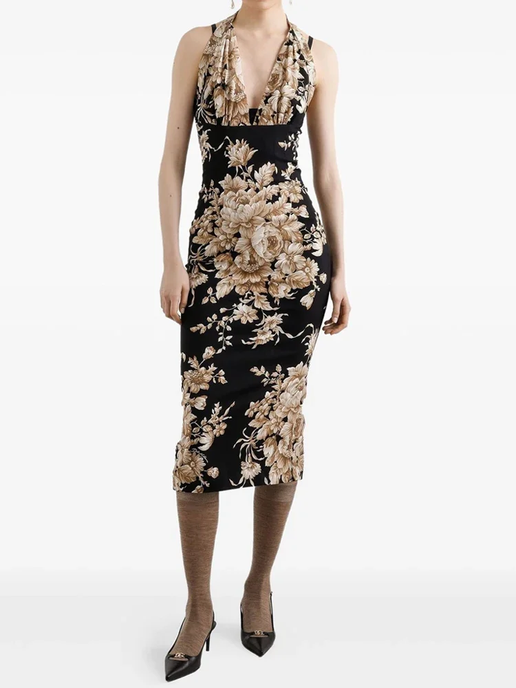 Vestido de fiesta Bohe hueco con espalda descubierta para mujer, vestido ajustado sin mangas con escote en V profundo, vestido Midi ajustado con estampado Floral a la moda