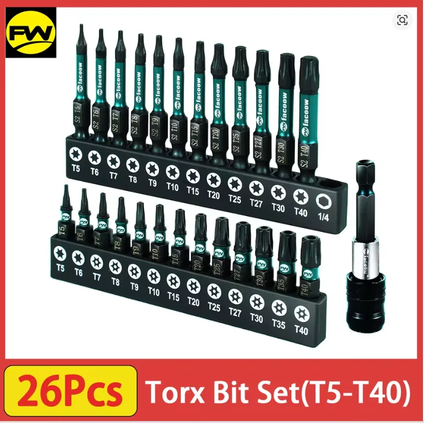 

Набор бит Torx из 26 предметов (T5-T40) с магнитными наконечниками, набор динамометрических бит длиной 1 дюйм и 2 дюйма с самоблокирующимся быстросменным удлинителем 2,3 дюйма